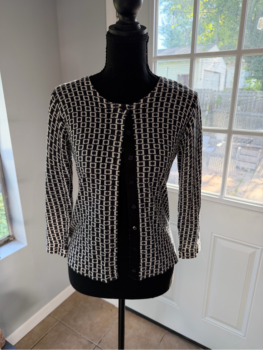 LOFT Black and White Geometric Button-Up Cardigan